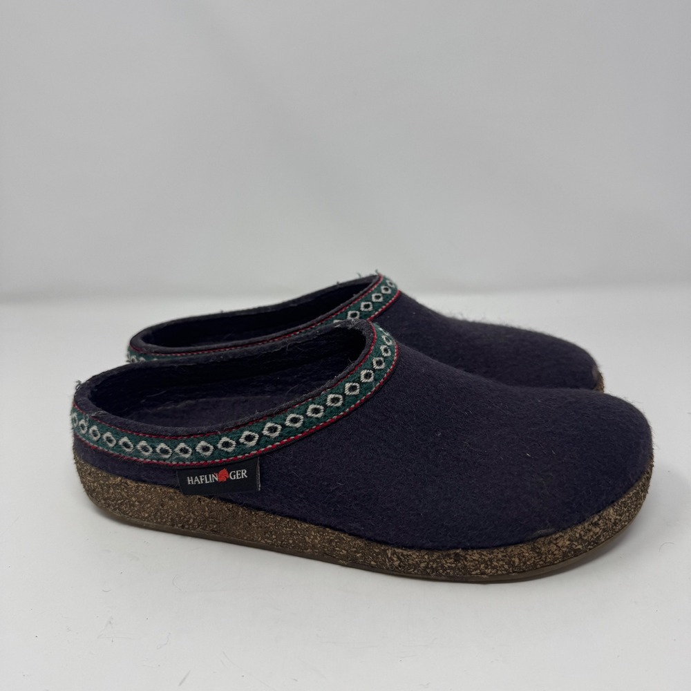 Haflinger Grizzly Wool Clogs Navy Blue Embroidered Trim Cork Sole Womens 39